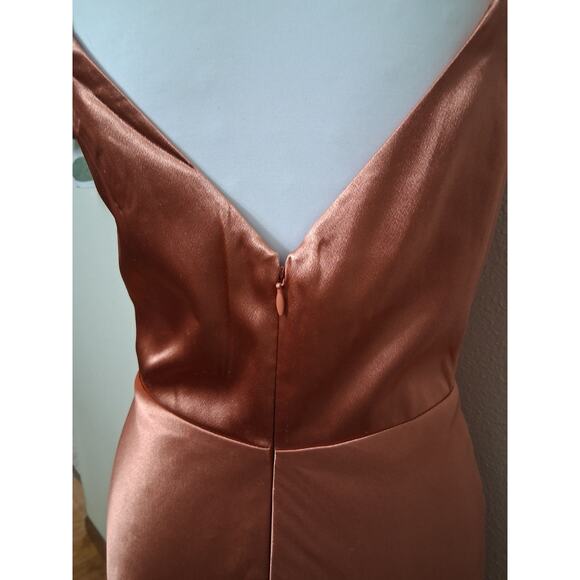 Birdy Grey Womens Dress S Shiny Satin V-Neck Gown Bridesmaid Side Slit Rust - Picture 4 of 15